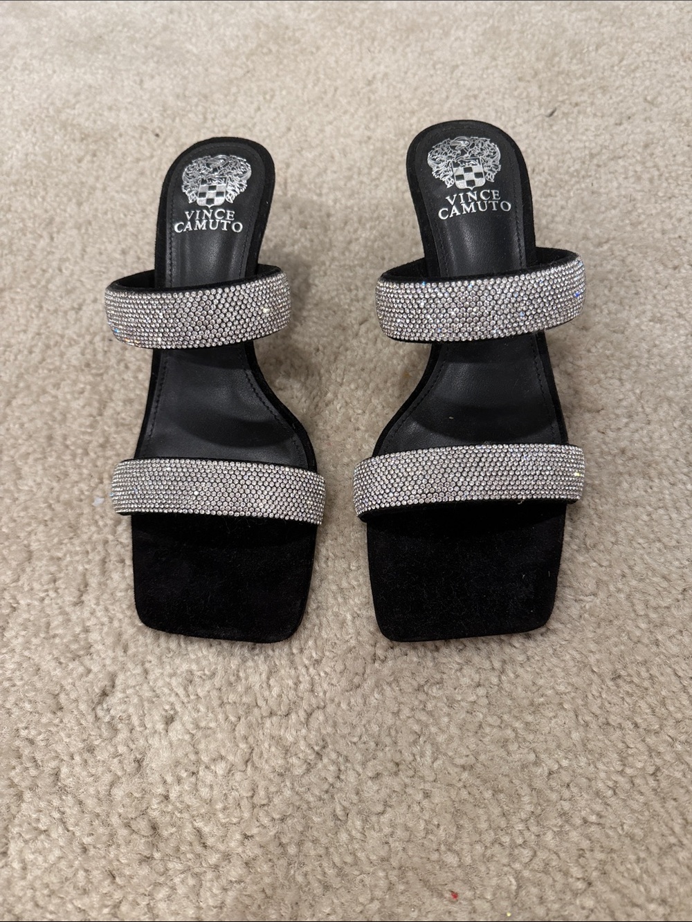 Vince Camuto Black Slide Heels with Rhinestone Double Straps